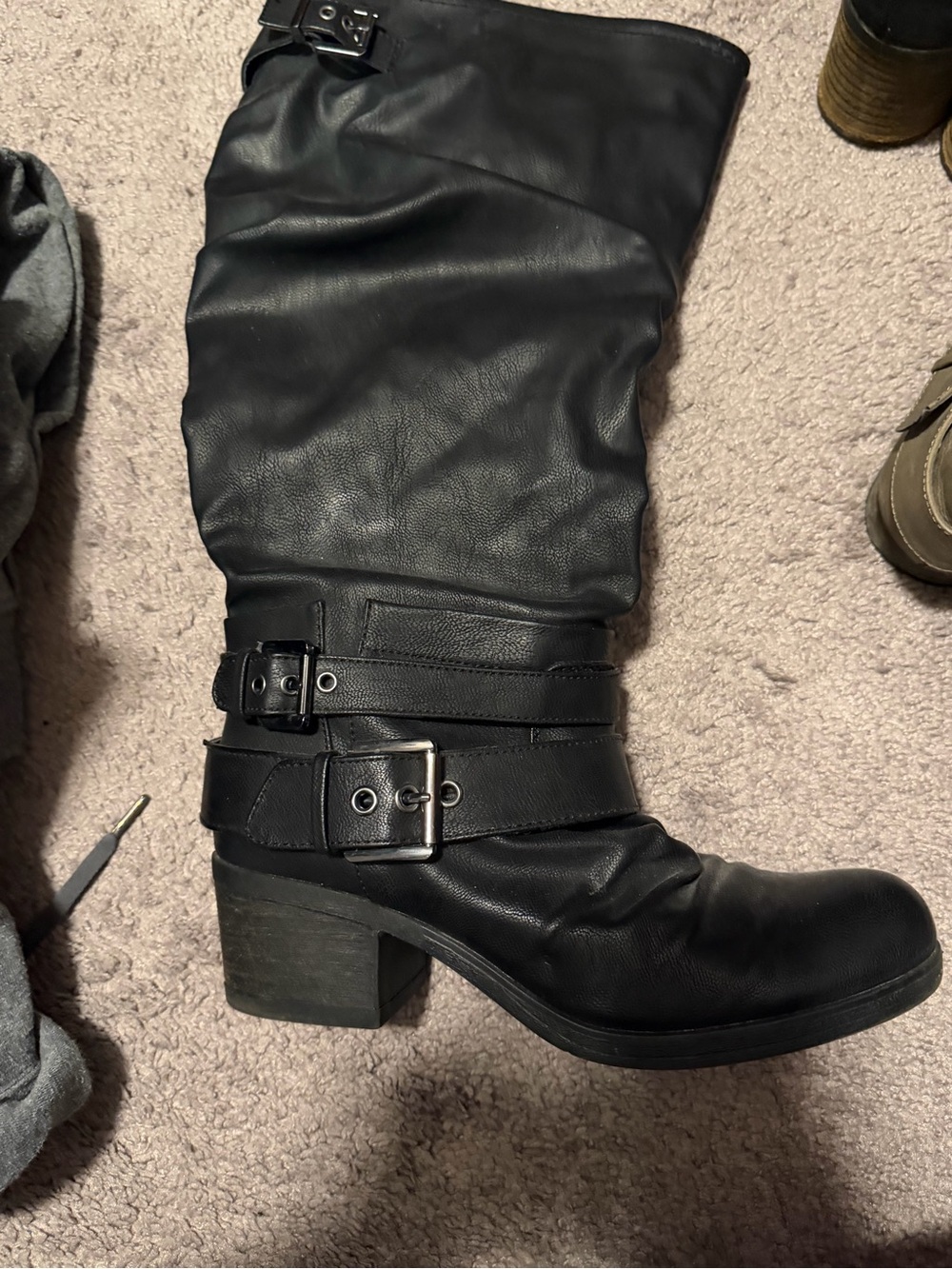 Carlos by Carlos Santana Black Mid-Calf Wide Calf Buckle Leather Heeled Boots